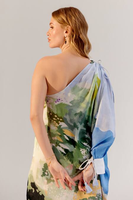 Buy NOIB Multi Color Viscose, Georgette Asymmetric Forest Print Dress Buy_NOIB_Multi Color Viscose, Georgette Asymmetric Forest Print Dress