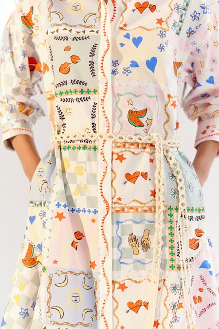 NOIB Beige Cotton Collared Multi Color Board Game Print Midi Dress Online at Aza Fashions NOIB_Beige Cotton Collared Multi Color Board Game Print Midi Dress _Online_at_Aza_Fashions