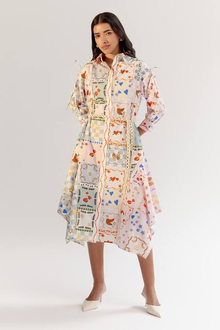 Buy NOIB Beige Cotton Collared Multi Color Board Game Print Midi Dress Online at Aza Fashions Buy_NOIB_Beige Cotton Collared Multi Color Board Game Print Midi Dress _Online_at_Aza_Fashions