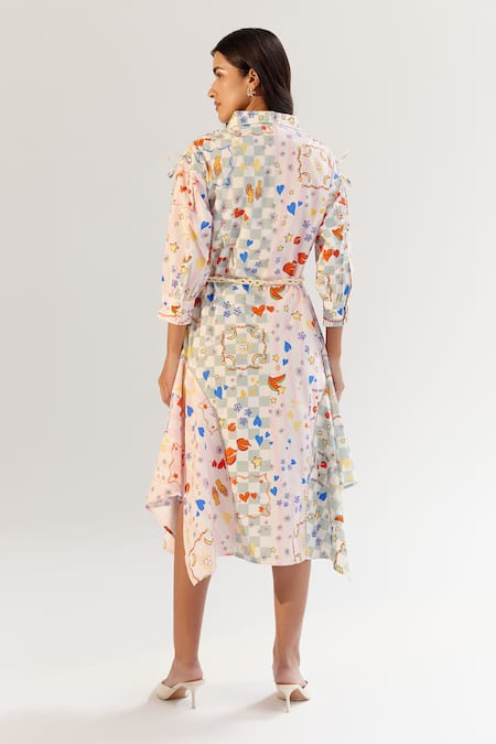 Shop NOIB Beige Cotton Collared Multi Color Board Game Print Midi Dress at Aza Fashions Shop_NOIB_Beige Cotton Collared Multi Color Board Game Print Midi Dress _at_Aza_Fashions