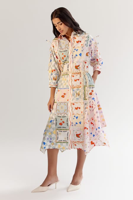 Shop NOIB Beige Cotton Collared Multi Color Board Game Print Midi Dress Online at Aza Fashions Shop_NOIB_Beige Cotton Collared Multi Color Board Game Print Midi Dress _Online_at_Aza_Fashions