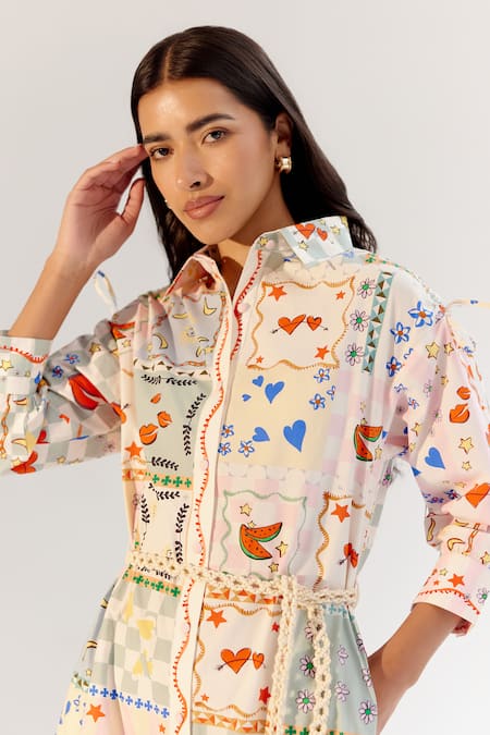 NOIB Beige Cotton Collared Multi Color Board Game Print Midi Dress at Aza Fashions NOIB_Beige Cotton Collared Multi Color Board Game Print Midi Dress _at_Aza_Fashions