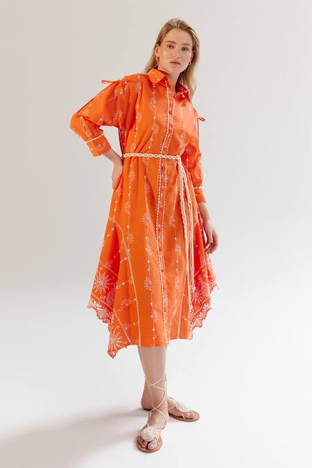 NOIB Orange Cotton Embroidery Collared Thread Midi Dress Online at Aza Fashions NOIB_Orange Cotton Embroidery Collared Thread Midi Dress _Online_at_Aza_Fashions