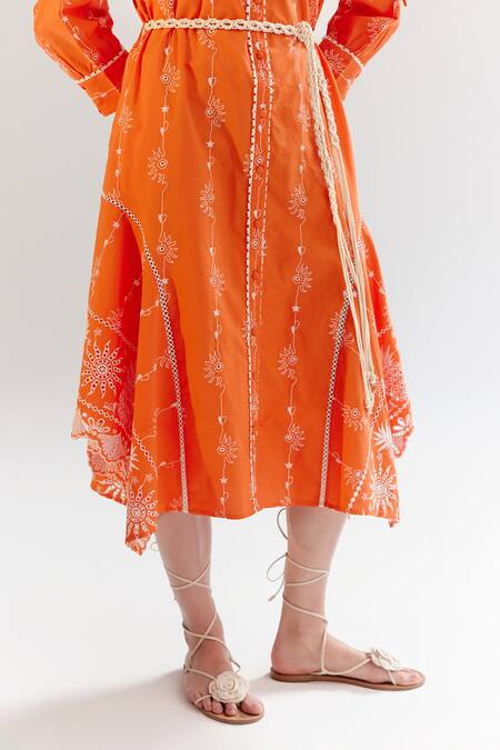Buy NOIB Orange Cotton Embroidery Collared Thread Midi Dress Online at Aza Fashions Buy_NOIB_Orange Cotton Embroidery Collared Thread Midi Dress _Online_at_Aza_Fashions