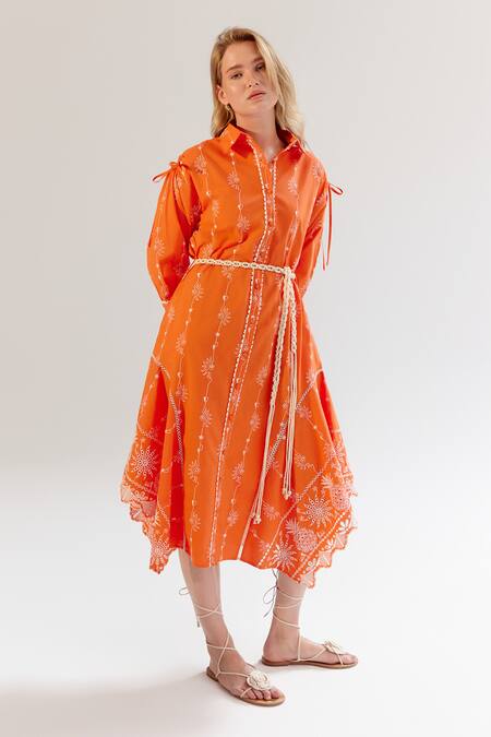 Shop NOIB Orange Cotton Embroidery Collared Thread Midi Dress Online at Aza Fashions Shop_NOIB_Orange Cotton Embroidery Collared Thread Midi Dress _Online_at_Aza_Fashions