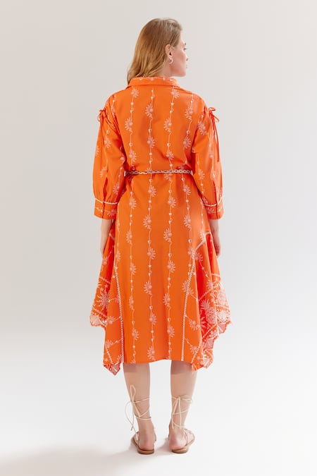Shop NOIB Orange Cotton Embroidery Collared Thread Midi Dress at Aza Fashions Shop_NOIB_Orange Cotton Embroidery Collared Thread Midi Dress _at_Aza_Fashions