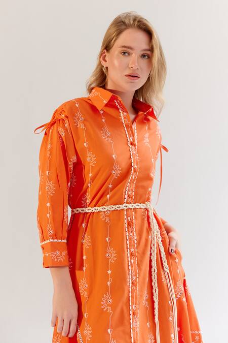 NOIB Orange Cotton Embroidery Collared Thread Midi Dress at Aza Fashions NOIB_Orange Cotton Embroidery Collared Thread Midi Dress _at_Aza_Fashions