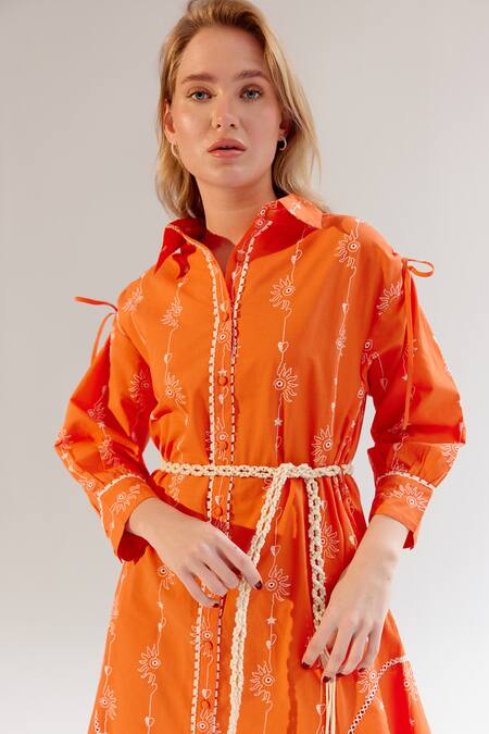Buy NOIB Orange Cotton Embroidery Collared Thread Midi Dress Buy_NOIB_Orange Cotton Embroidery Collared Thread Midi Dress