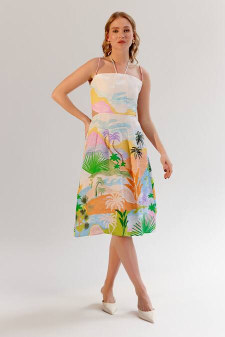 NOIB Multi Color Linen, Lycra Halter Neck Multicolor Midi Dress Online at Aza Fashions NOIB_Multi Color Linen, Lycra Halter Neck Multicolor Midi Dress _Online_at_Aza_Fashions