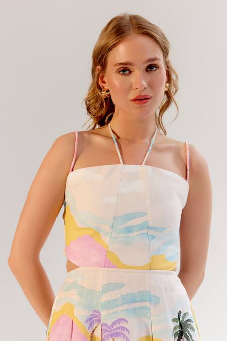 Buy NOIB Multi Color Linen, Lycra Halter Neck Multicolor Midi Dress Buy_NOIB_Multi Color Linen, Lycra Halter Neck Multicolor Midi Dress