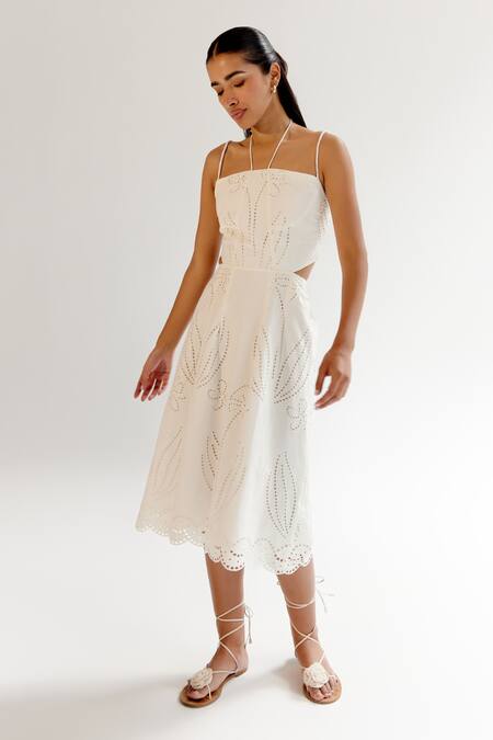 NOIB White Linen, Lycra Embroidery Halter Neck Schiffli Midi Dress Online at Aza Fashions NOIB_White Linen, Lycra Embroidery Halter Neck Schiffli Midi Dress _Online_at_Aza_Fashions