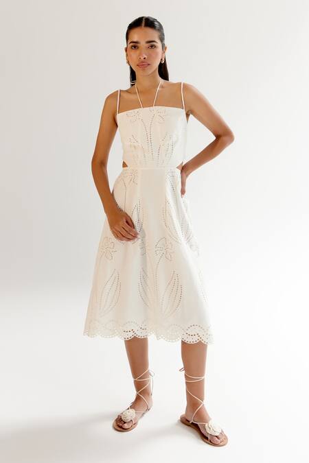 Buy NOIB White Linen, Lycra Embroidery Halter Neck Schiffli Midi Dress Online at Aza Fashions Buy_NOIB_White Linen, Lycra Embroidery Halter Neck Schiffli Midi Dress _Online_at_Aza_Fashions