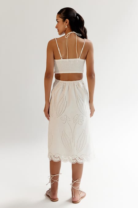 Shop NOIB White Linen, Lycra Embroidery Halter Neck Schiffli Midi Dress at Aza Fashions Shop_NOIB_White Linen, Lycra Embroidery Halter Neck Schiffli Midi Dress _at_Aza_Fashions