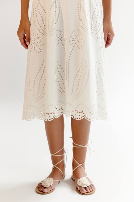 Shop NOIB White Linen, Lycra Embroidery Halter Neck Schiffli Midi Dress Online at Aza Fashions Shop_NOIB_White Linen, Lycra Embroidery Halter Neck Schiffli Midi Dress _Online_at_Aza_Fashions