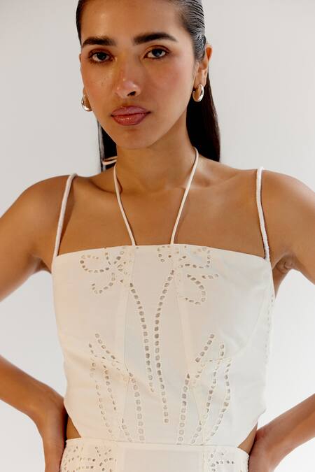 NOIB White Linen, Lycra Embroidery Halter Neck Schiffli Midi Dress at Aza Fashions NOIB_White Linen, Lycra Embroidery Halter Neck Schiffli Midi Dress _at_Aza_Fashions