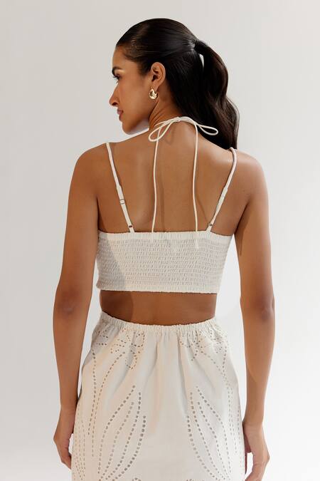 Buy NOIB White Linen, Lycra Embroidery Halter Neck Schiffli Midi Dress Buy_NOIB_White Linen, Lycra Embroidery Halter Neck Schiffli Midi Dress