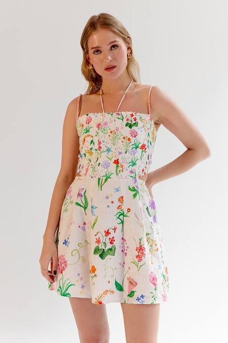 NOIB Multi Color Linen, Lycra Halter Neck Floral Print Dress at Aza Fashions NOIB_Multi Color Linen, Lycra Halter Neck Floral Print Dress _at_Aza_Fashions