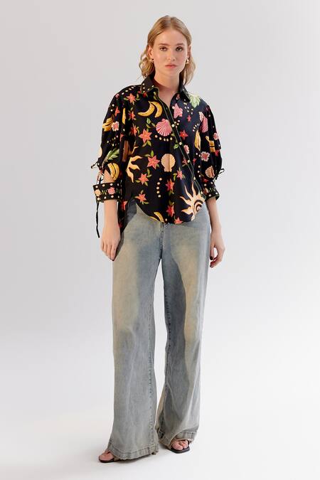 NOIB Black Cotton Satin Collared Brie Floral Seashell Print Shirt Online at Aza Fashions NOIB_Black Cotton Satin Collared Brie Floral Seashell Print Shirt _Online_at_Aza_Fashions