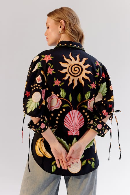 Shop NOIB Black Cotton Satin Collared Brie Floral Seashell Print Shirt at Aza Fashions Shop_NOIB_Black Cotton Satin Collared Brie Floral Seashell Print Shirt _at_Aza_Fashions