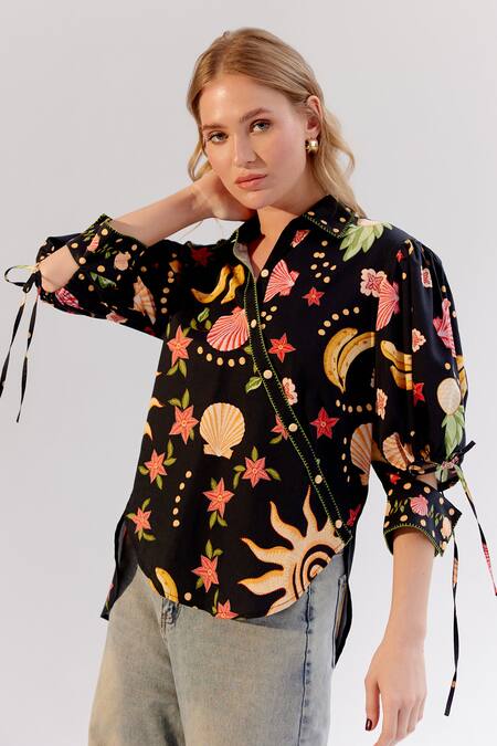 Buy NOIB Black Cotton Satin Collared Brie Floral Seashell Print Shirt Online at Aza Fashions Buy_NOIB_Black Cotton Satin Collared Brie Floral Seashell Print Shirt _Online_at_Aza_Fashions