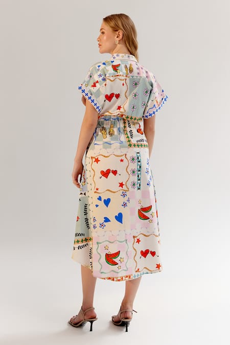 Shop_NOIB_Multi Color Cotton Satin Collared Multicolor Board Game Print Midi Shirt Dress _at_Aza_Fashions