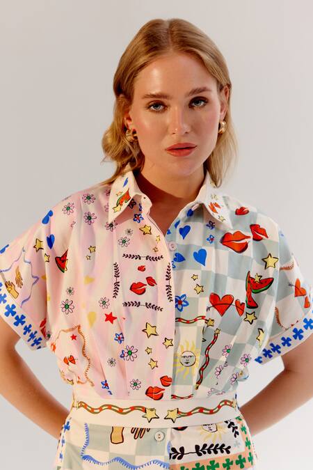 NOIB_Multi Color Cotton Satin Collared Multicolor Board Game Print Midi Shirt Dress _Online_at_Aza_Fashions