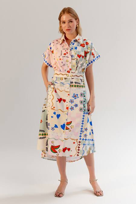 Buy_NOIB_Multi Color Cotton Satin Collared Multicolor Board Game Print Midi Shirt Dress _Online_at_Aza_Fashions