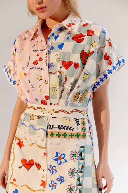 Shop_NOIB_Multi Color Cotton Satin Collared Multicolor Board Game Print Midi Shirt Dress _Online_at_Aza_Fashions