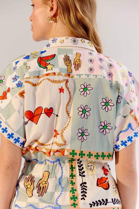 NOIB_Multi Color Cotton Satin Collared Multicolor Board Game Print Midi Shirt Dress _at_Aza_Fashions