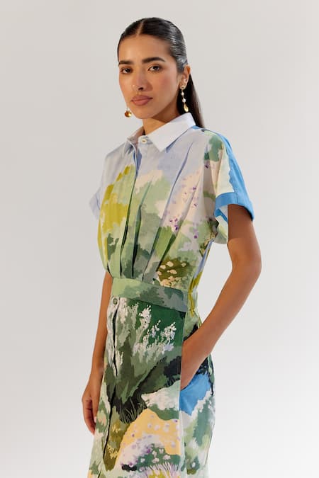 NOIB_Multi Color Cotton Satin Collared Forest Print Midi Dress _Online_at_Aza_Fashions