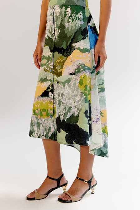 Buy_NOIB_Multi Color Cotton Satin Collared Forest Print Midi Dress _Online_at_Aza_Fashions