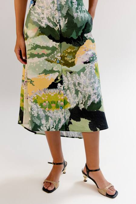 Shop_NOIB_Multi Color Cotton Satin Collared Forest Print Midi Dress _Online_at_Aza_Fashions