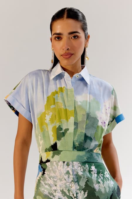 NOIB_Multi Color Cotton Satin Collared Forest Print Midi Dress _at_Aza_Fashions