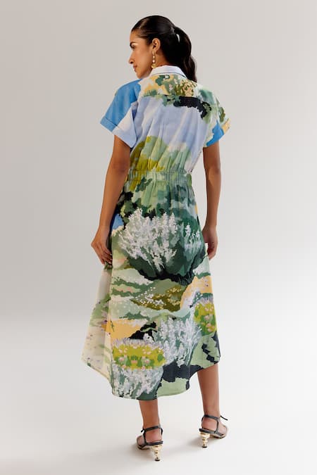 Shop_NOIB_Multi Color Cotton Satin Collared Forest Print Midi Dress _at_Aza_Fashions