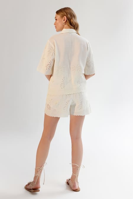 Shop NOIB White Viscose, Linen Embroidery Collared Schiffli Shirt at Aza Fashions Shop_NOIB_White Viscose, Linen Embroidery Collared Schiffli Shirt _at_Aza_Fashions