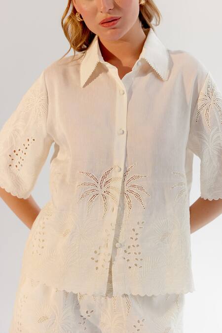 Shop NOIB White Viscose, Linen Embroidery Collared Schiffli Shirt Online at Aza Fashions Shop_NOIB_White Viscose, Linen Embroidery Collared Schiffli Shirt _Online_at_Aza_Fashions