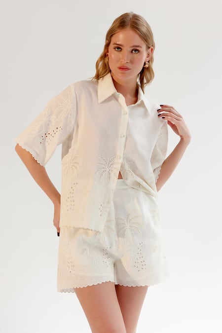 NOIB White Viscose, Linen Embroidery Collared Schiffli Shirt at Aza Fashions NOIB_White Viscose, Linen Embroidery Collared Schiffli Shirt _at_Aza_Fashions