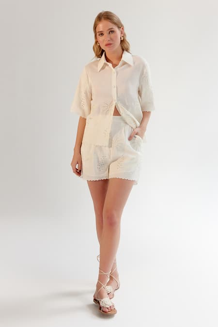 NOIB White Viscose, Linen Schiffli Embroidered Shorts Online at Aza Fashions NOIB_White Viscose, Linen Schiffli Embroidered Shorts _Online_at_Aza_Fashions