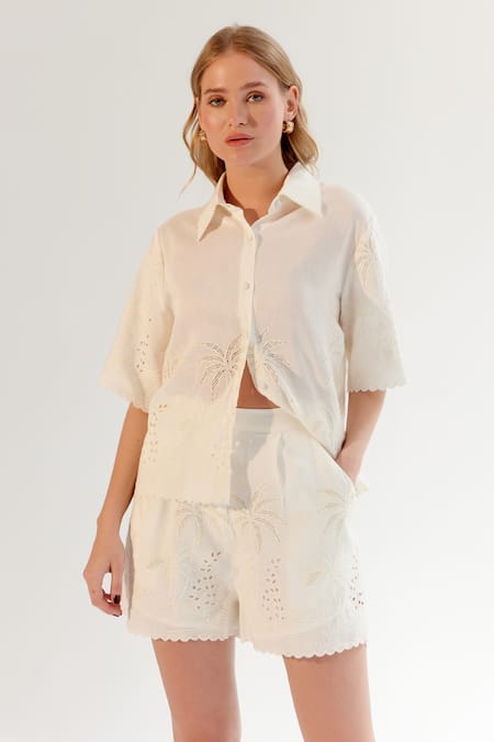 Buy NOIB White Viscose, Linen Schiffli Embroidered Shorts Online at Aza Fashions Buy_NOIB_White Viscose, Linen Schiffli Embroidered Shorts _Online_at_Aza_Fashions