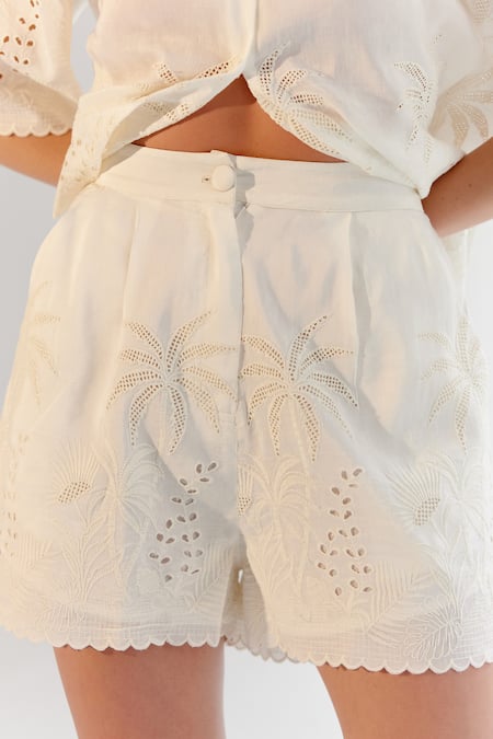 Shop NOIB White Viscose, Linen Schiffli Embroidered Shorts Online at Aza Fashions Shop_NOIB_White Viscose, Linen Schiffli Embroidered Shorts _Online_at_Aza_Fashions