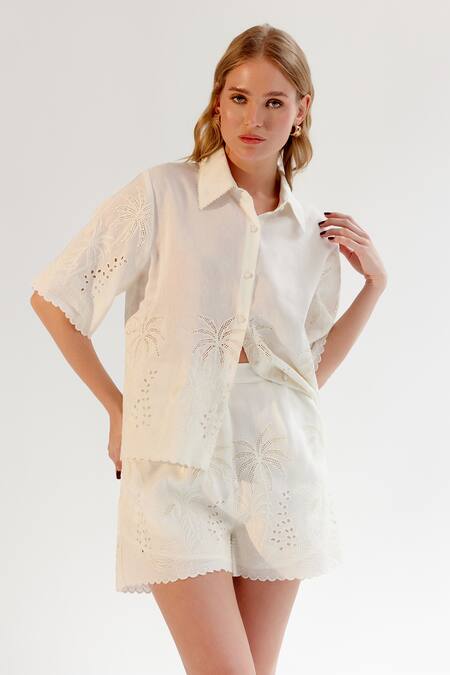 NOIB White Viscose, Linen Schiffli Embroidered Shorts at Aza Fashions NOIB_White Viscose, Linen Schiffli Embroidered Shorts _at_Aza_Fashions