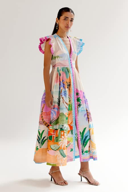 NOIB_Multi Color Cotton V-neck Multicolor By The Sea Print Midi Dress _Online_at_Aza_Fashions