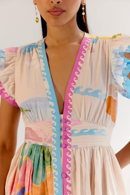 Buy_NOIB_Multi Color Cotton V-neck Multicolor By The Sea Print Midi Dress _Online_at_Aza_Fashions