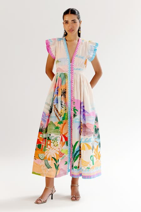 NOIB_Multi Color Cotton V-neck Multicolor By The Sea Print Midi Dress _at_Aza_Fashions