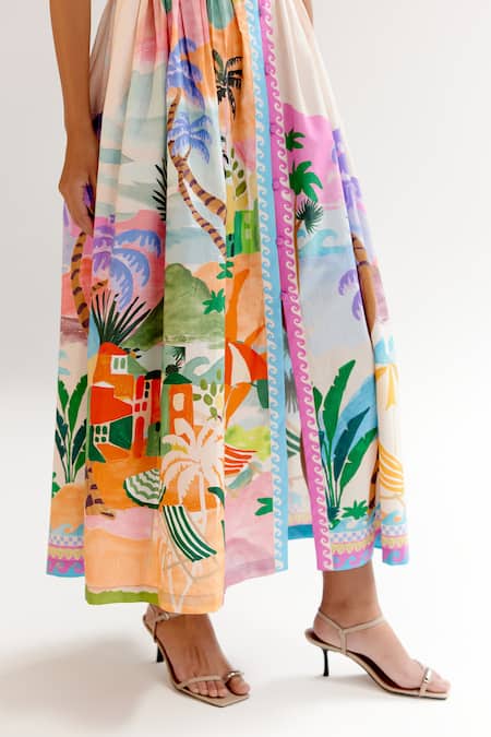 Buy_NOIB_Multi Color Cotton V-neck Multicolor By The Sea Print Midi Dress 