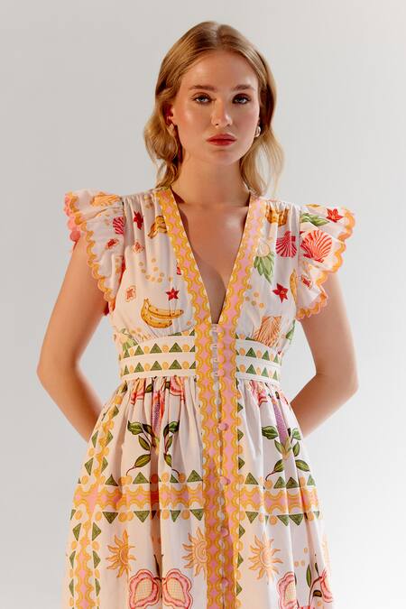 Shop NOIB Multi Color Cotton V-neck Multicolor Abstract Floral Dress Shop_NOIB_Multi Color Cotton V-neck Multicolor Abstract Floral Dress