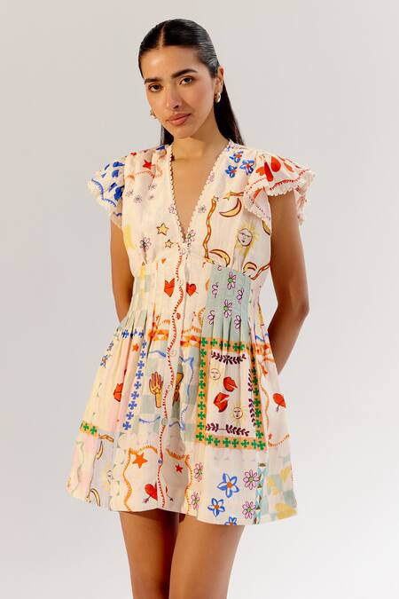 Buy NOIB Multi Color Viscose, Linen Embroidery V-neck Multicolor Schiffli Dress Online at Aza Fashions Buy_NOIB_Multi Color Viscose, Linen Embroidery V-neck Multicolor Schiffli Dress _Online_at_Aza_Fashions