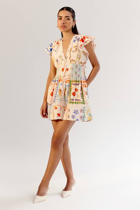 Shop NOIB Multi Color Viscose, Linen Embroidery V-neck Multicolor Schiffli Dress Online at Aza Fashions Shop_NOIB_Multi Color Viscose, Linen Embroidery V-neck Multicolor Schiffli Dress _Online_at_Aza_Fashions