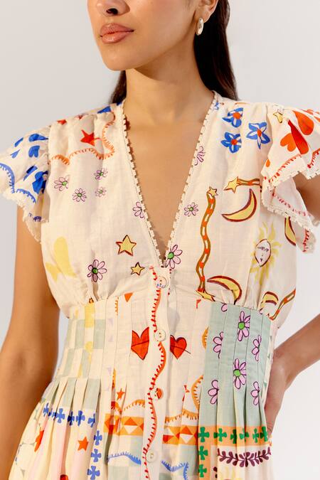 NOIB Multi Color Viscose, Linen Embroidery V-neck Multicolor Schiffli Dress at Aza Fashions NOIB_Multi Color Viscose, Linen Embroidery V-neck Multicolor Schiffli Dress _at_Aza_Fashions