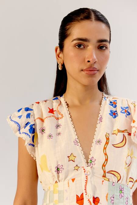 Buy NOIB Multi Color Viscose, Linen Embroidery V-neck Multicolor Schiffli Dress Buy_NOIB_Multi Color Viscose, Linen Embroidery V-neck Multicolor Schiffli Dress